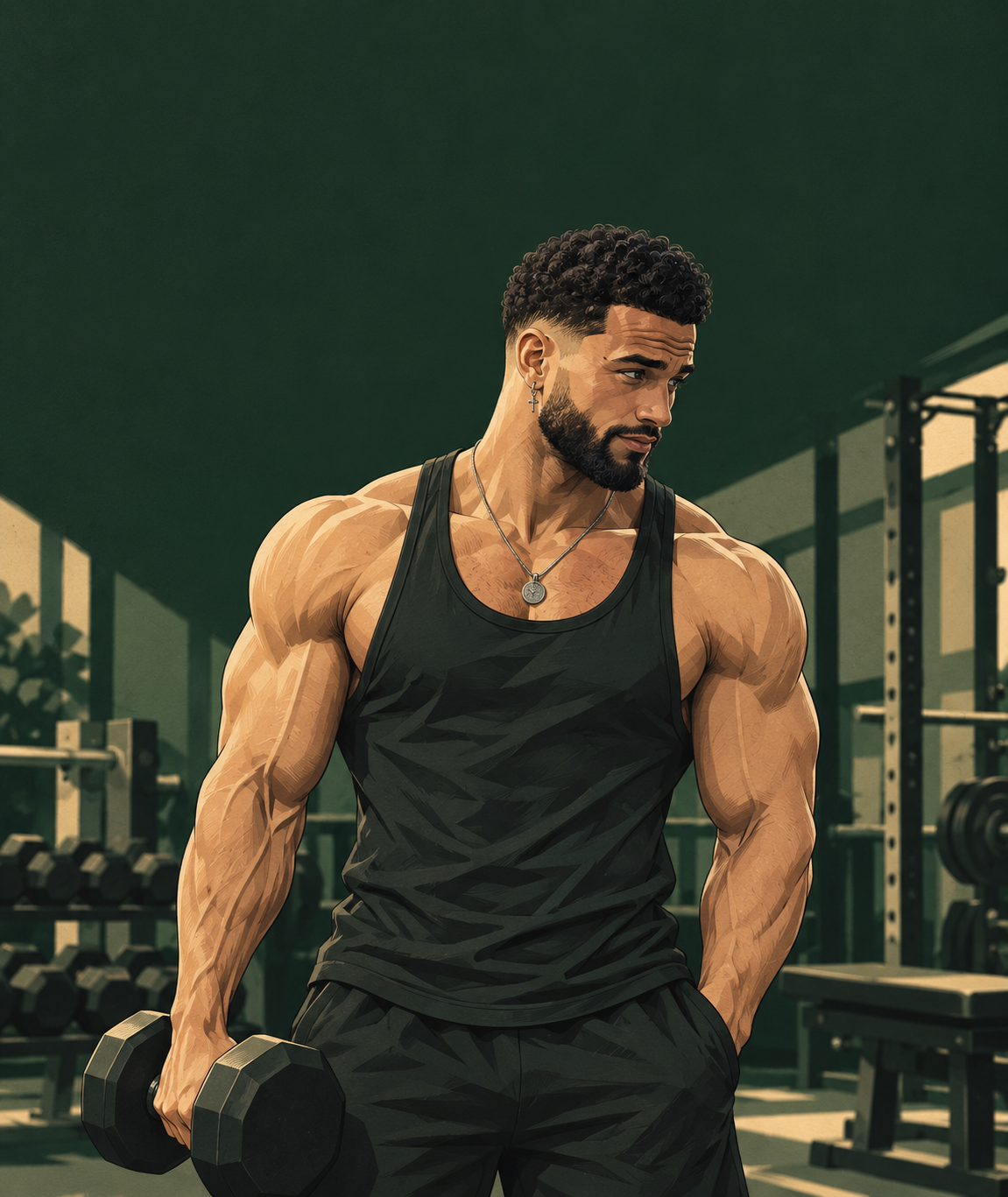 Illustration of Reale Currivan in a gym